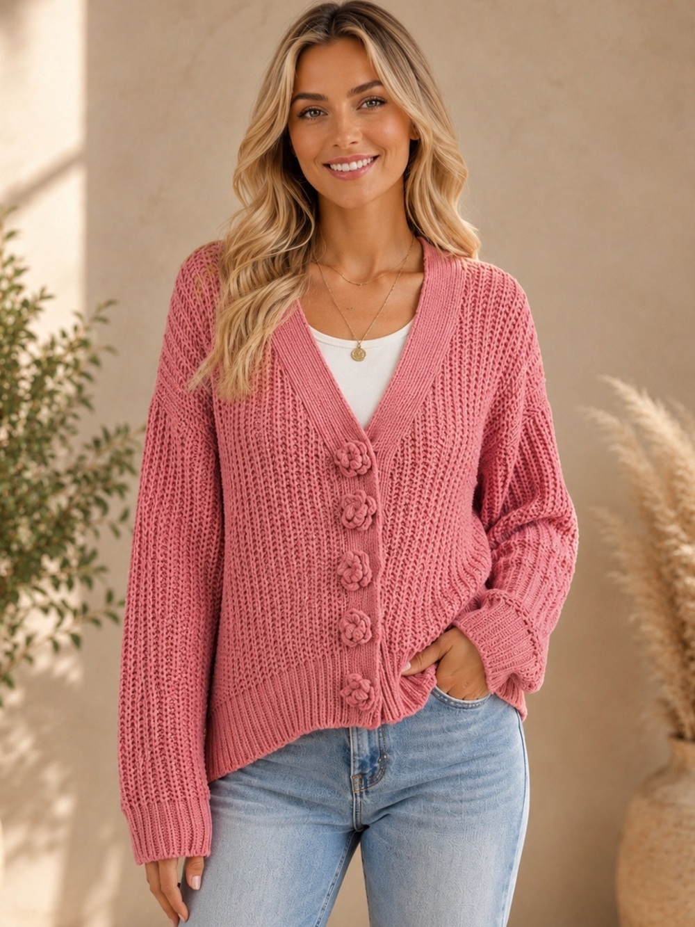 POL Rose Pink Chunky Knit Button-Front Cardigan